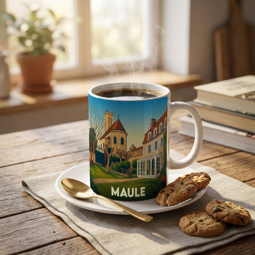 Mug souvenir de la ville de Maule orné d'une illustration stylisée de son patrimoine architectural.