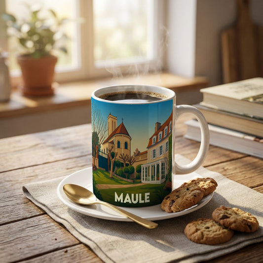 Mug souvenir de la ville de Maule orné d'une illustration stylisée de son patrimoine architectural.