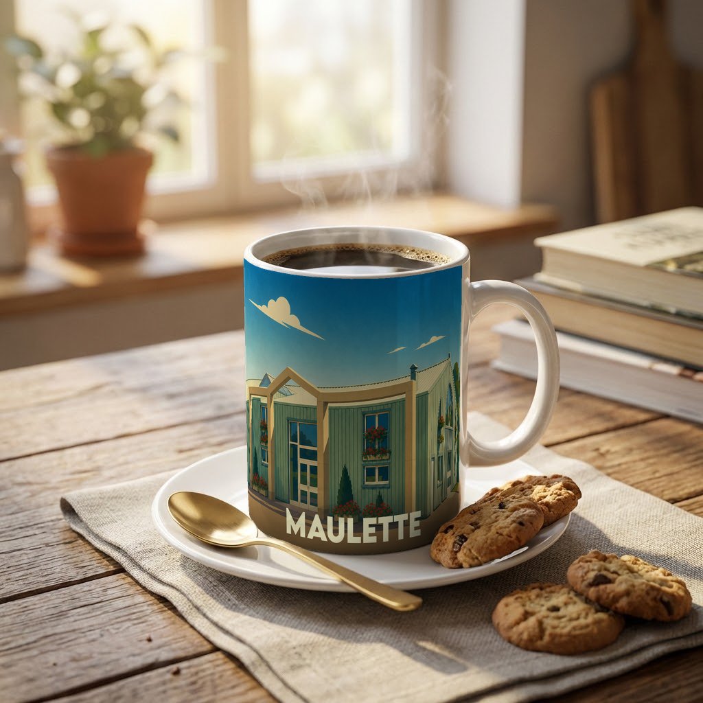 Mug souvenir de la ville de Maulette illustré d'un bâtiment moderne sous un ciel bleu.