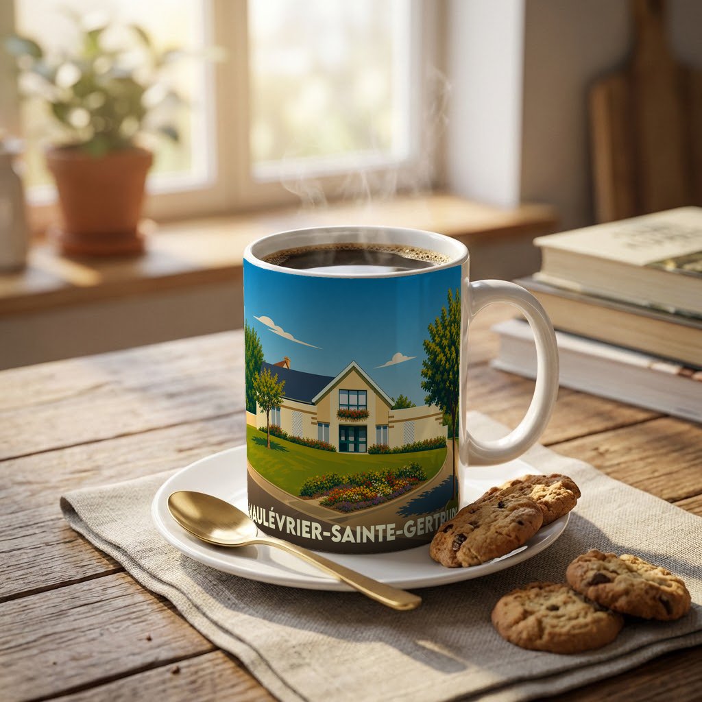 Mug souvenir de la ville de Maulévrier-Sainte-Gertrude avec une illustration stylisée d'une maison fleurie.