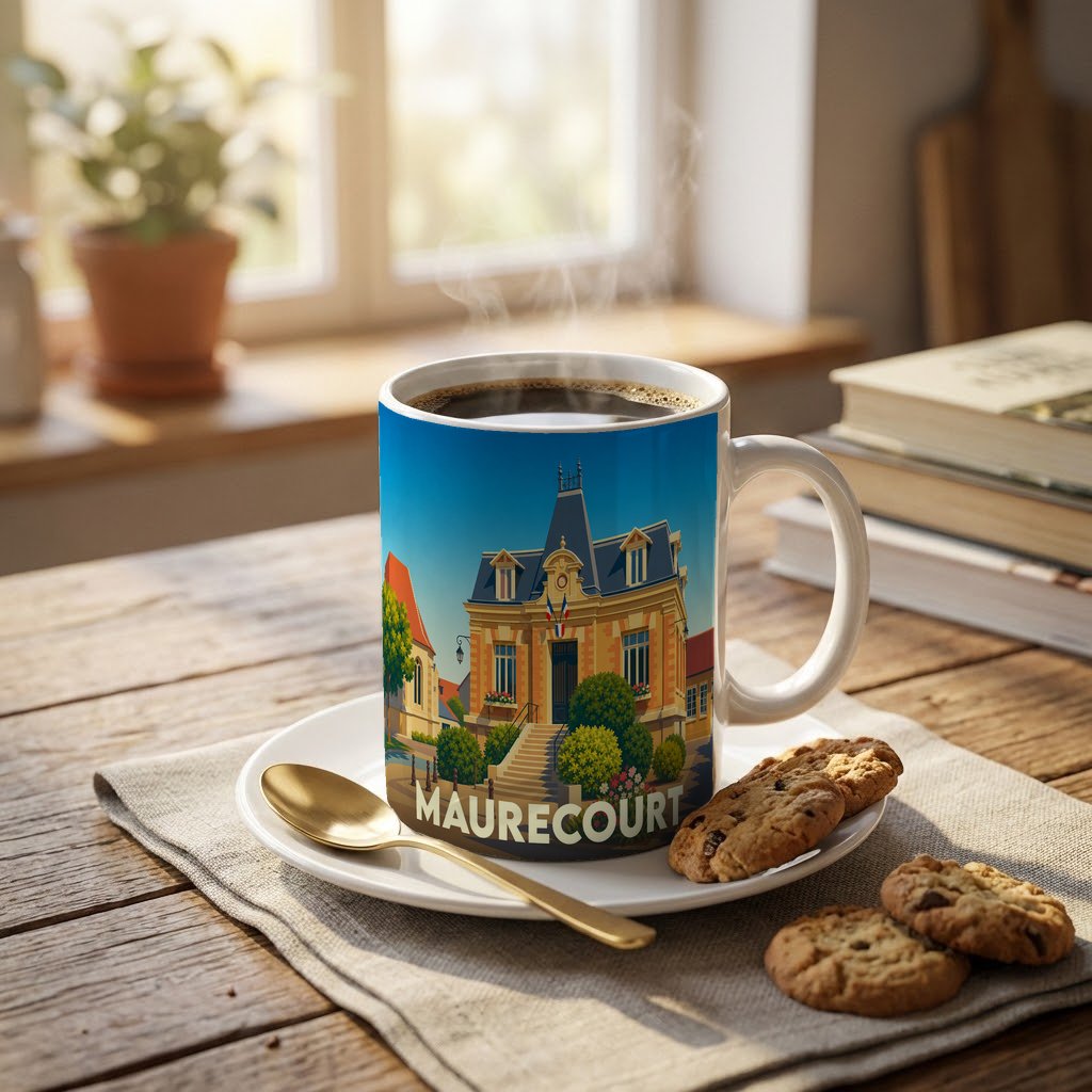 Mug souvenir de la ville de Maurecourt avec une illustration colorée de sa mairie.