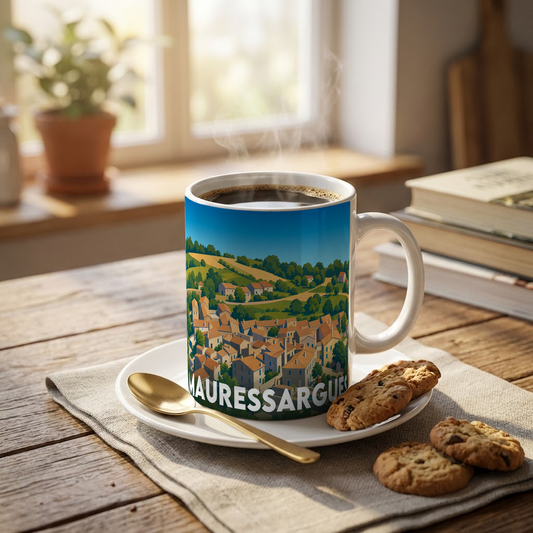 Mug souvenir de la ville de Mauressargues avec une illustration stylisée du village.
