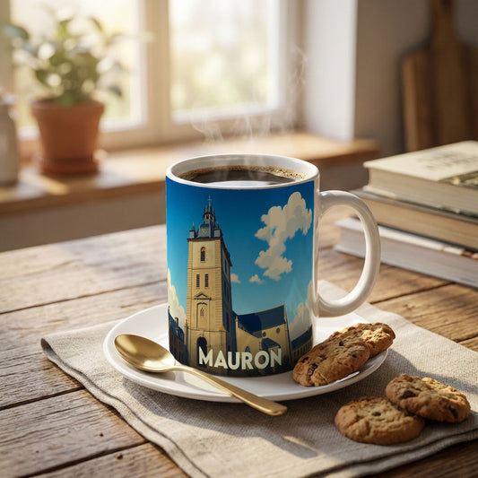 Mug souvenir de la ville de Mauron avec une illustration stylisée de son église sous un ciel bleu.
