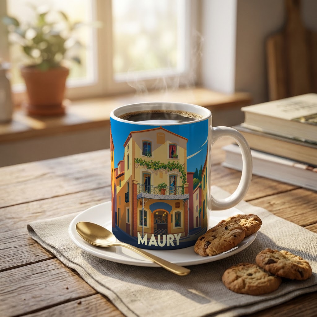 Mug souvenir de la ville de Maury orné d'une illustration colorée et stylisée de ses façades.