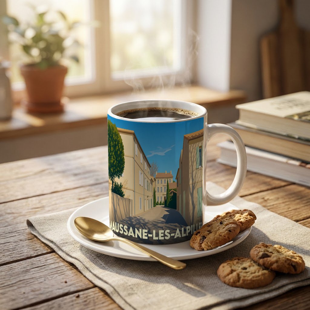 Mug souvenir de la ville de Maussane-les-Alpilles avec une illustration stylisée d'une rue ensoleillée.