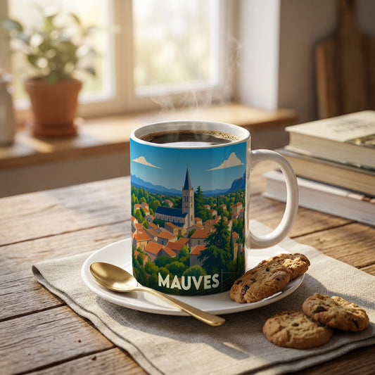 Mug souvenir de la ville de Mauves avec une illustration stylisée d'un paysage urbain.