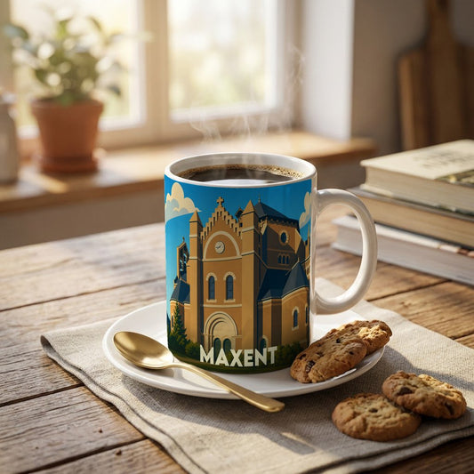Mug souvenir de la ville de Maxent avec une illustration stylisée de son église.