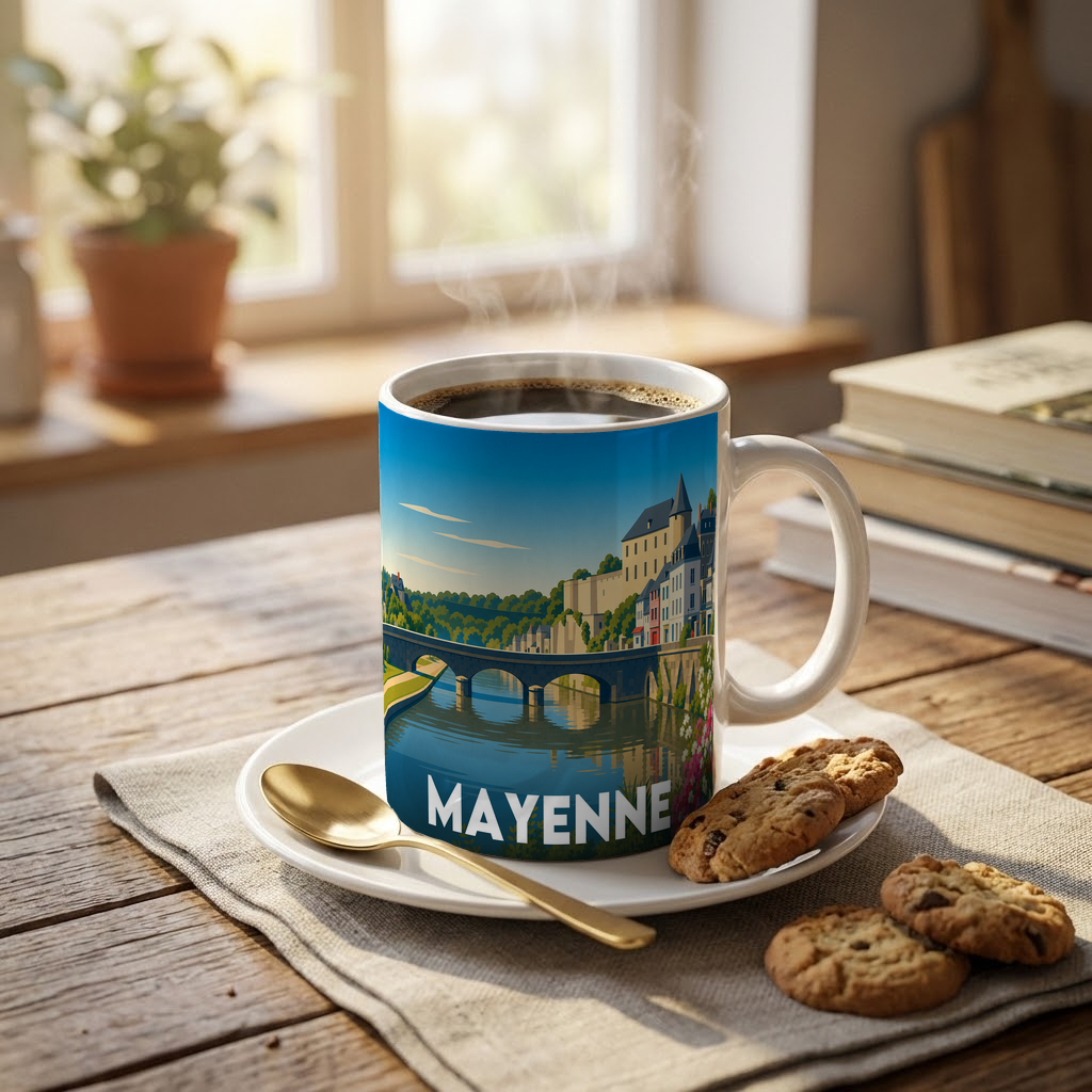Mug souvenir de la ville de Mayenne avec une illustration stylisée.