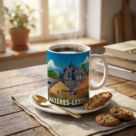 Mug souvenir de la ville de Mazères-Lezons avec une illustration stylisée.