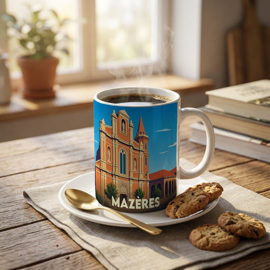 Mug souvenir de la ville de Mazères orné d'une illustration stylisée de son patrimoine architectural.
