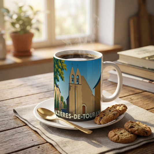 Mug souvenir de la ville de Mazières-de-Touraine avec une illustration stylisée de son église.