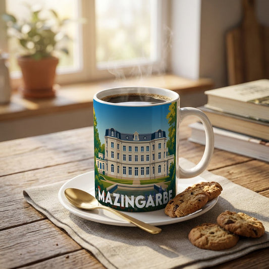 Mug souvenir de la ville de Mazingarbe orné d'une illustration stylisée de l'hôtel de ville.