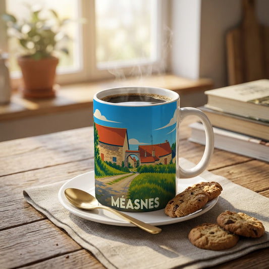 Mug souvenir de la ville de Méasnes avec une illustration stylisée de maisons rurales et d'un chemin de campagne.