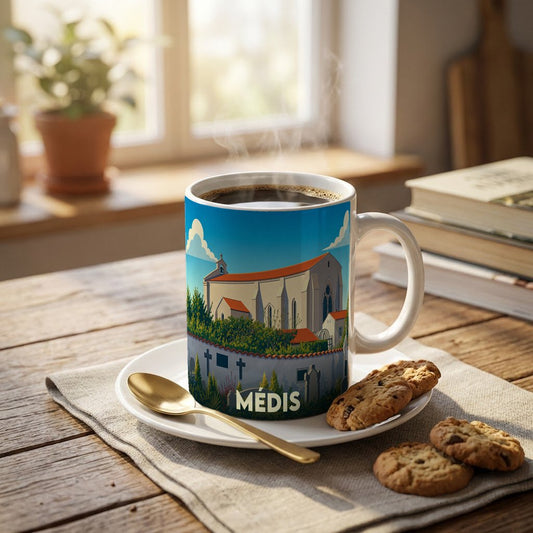 Mug souvenir de la ville de Médis orné d'une illustration stylisée de son église et de ses paysages.