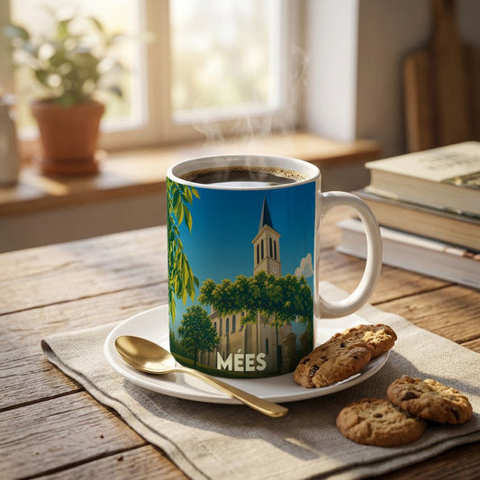 Mug souvenir de la ville de Mées avec une illustration stylisée de son église.
