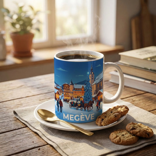 Mug souvenir de la ville de Megève avec une illustration hivernale stylisée.