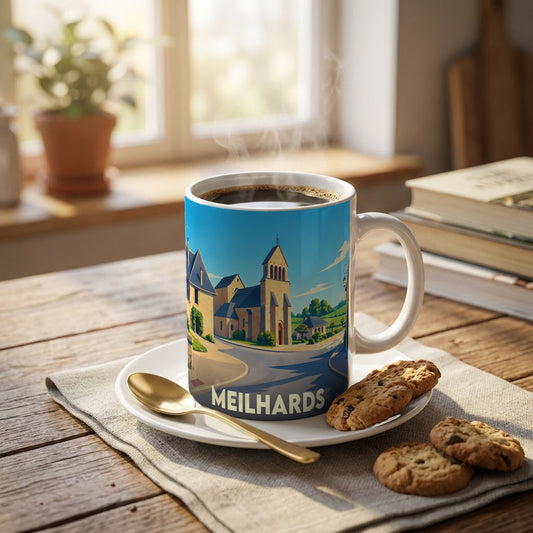 Mug souvenir de la ville de Meilhards orné d'une illustration stylisée de son église et de son paysage.