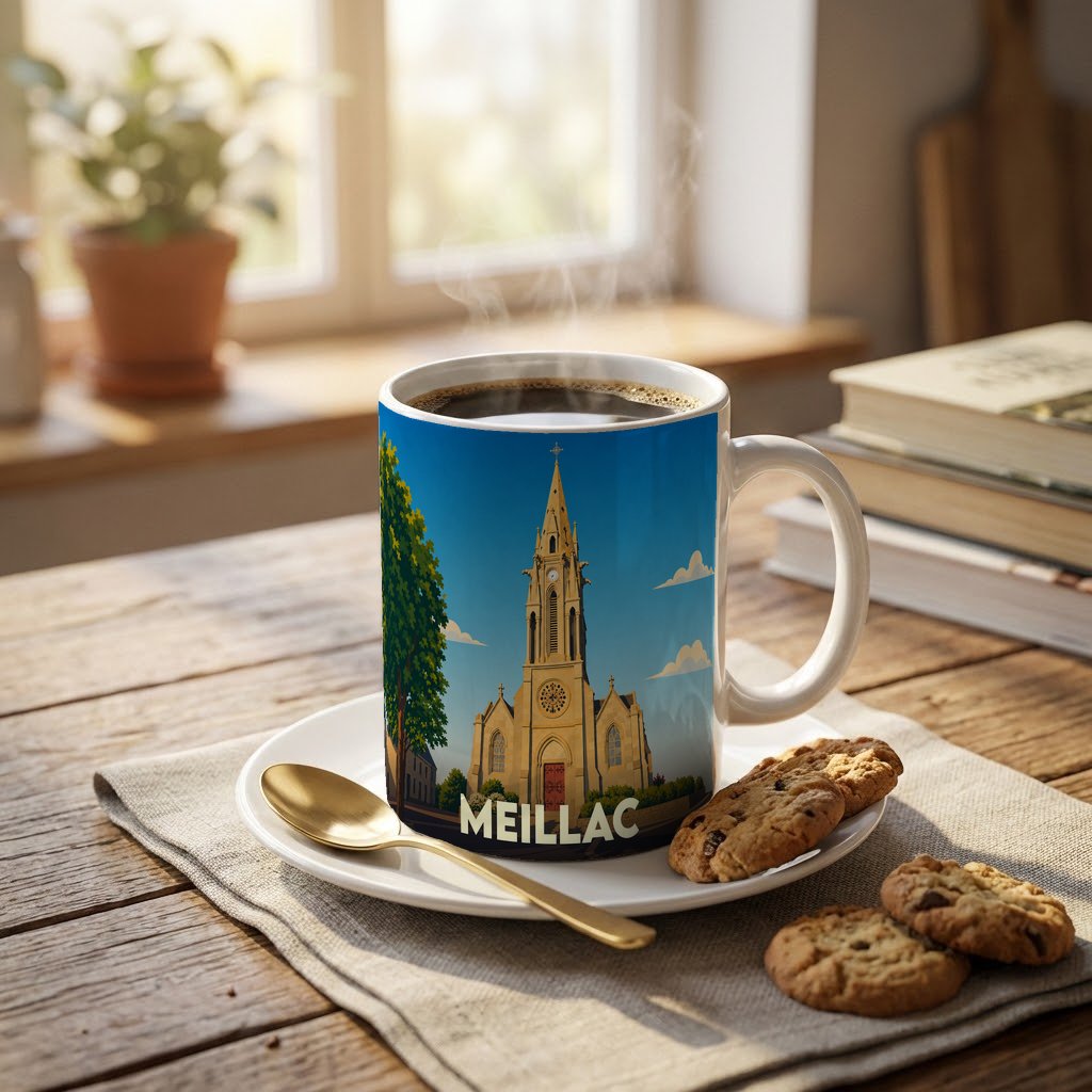 Mug souvenir de la ville de Meillac illustré d'une église stylisée sous un ciel bleu.