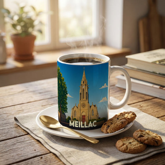 Mug souvenir de la ville de Meillac illustré d'une église stylisée sous un ciel bleu.