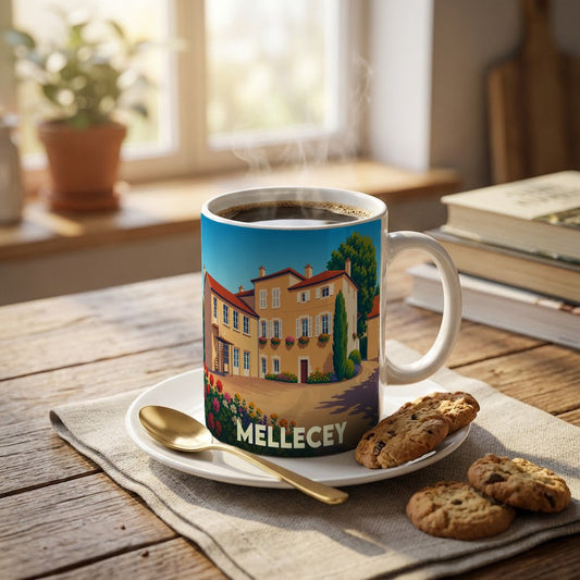 Mug souvenir de la ville de Mellecey avec une illustration stylisée.