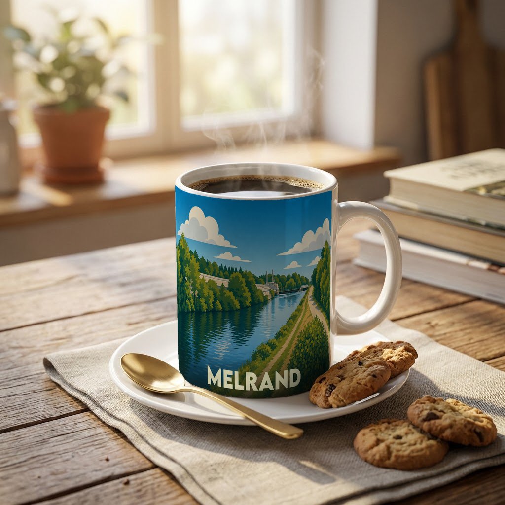 Mug souvenir de la ville de Melrand avec une illustration stylisée d'un paysage de rivière.