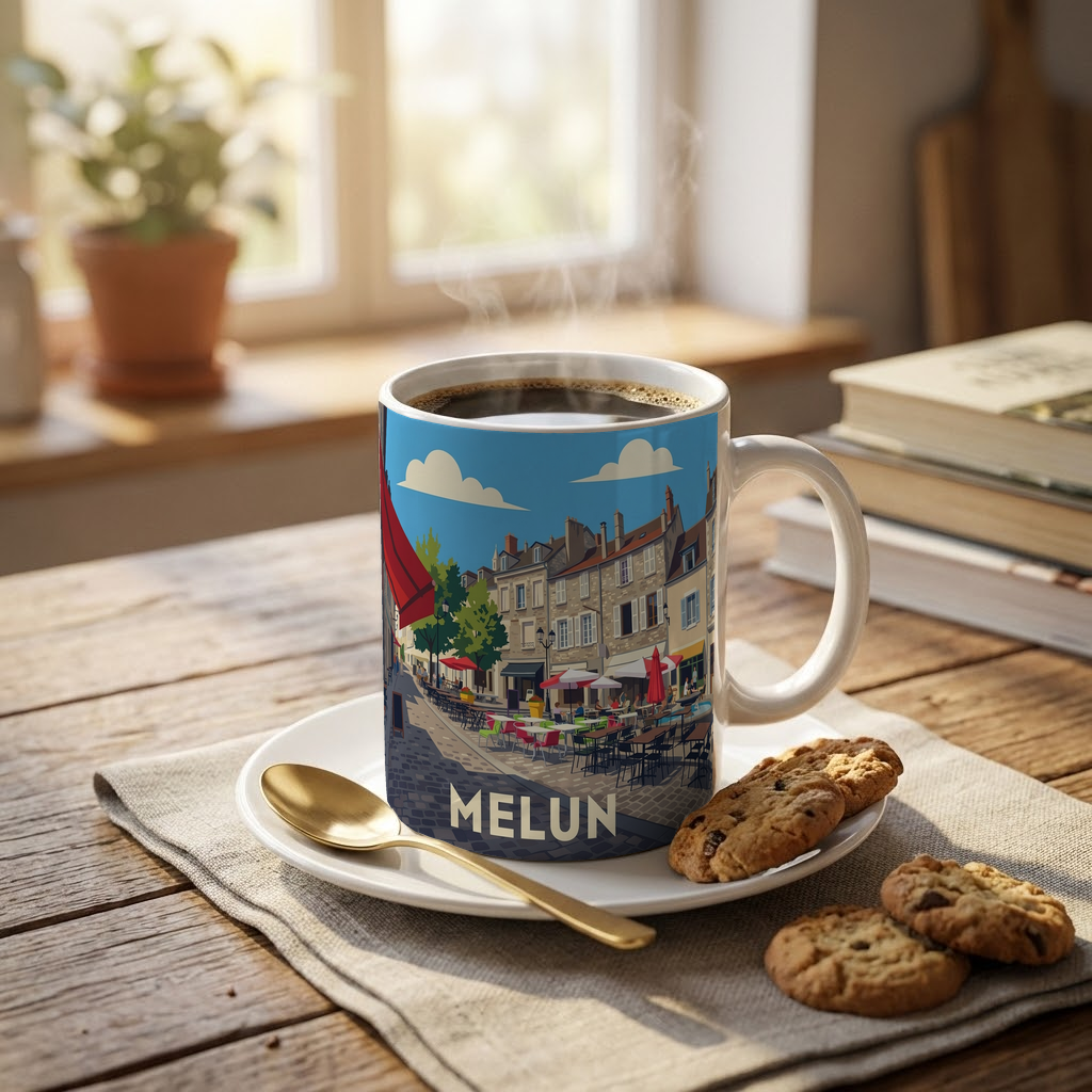 Mug souvenir de la ville de Melun avec une illustration stylisée de ses rues.