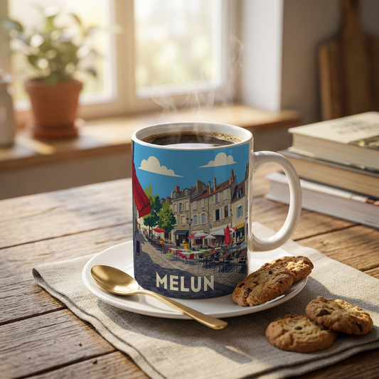 Mug souvenir de la ville de Melun avec une illustration stylisée de ses rues.