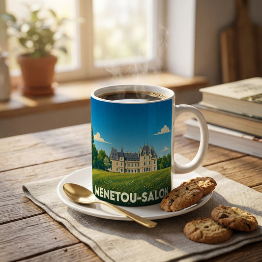 Mug souvenir de la ville de Menetou-Salon avec une illustration stylisée de son château.