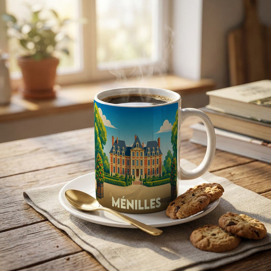 Mug souvenir de la ville de Ménilles avec une illustration stylisée d'un château.