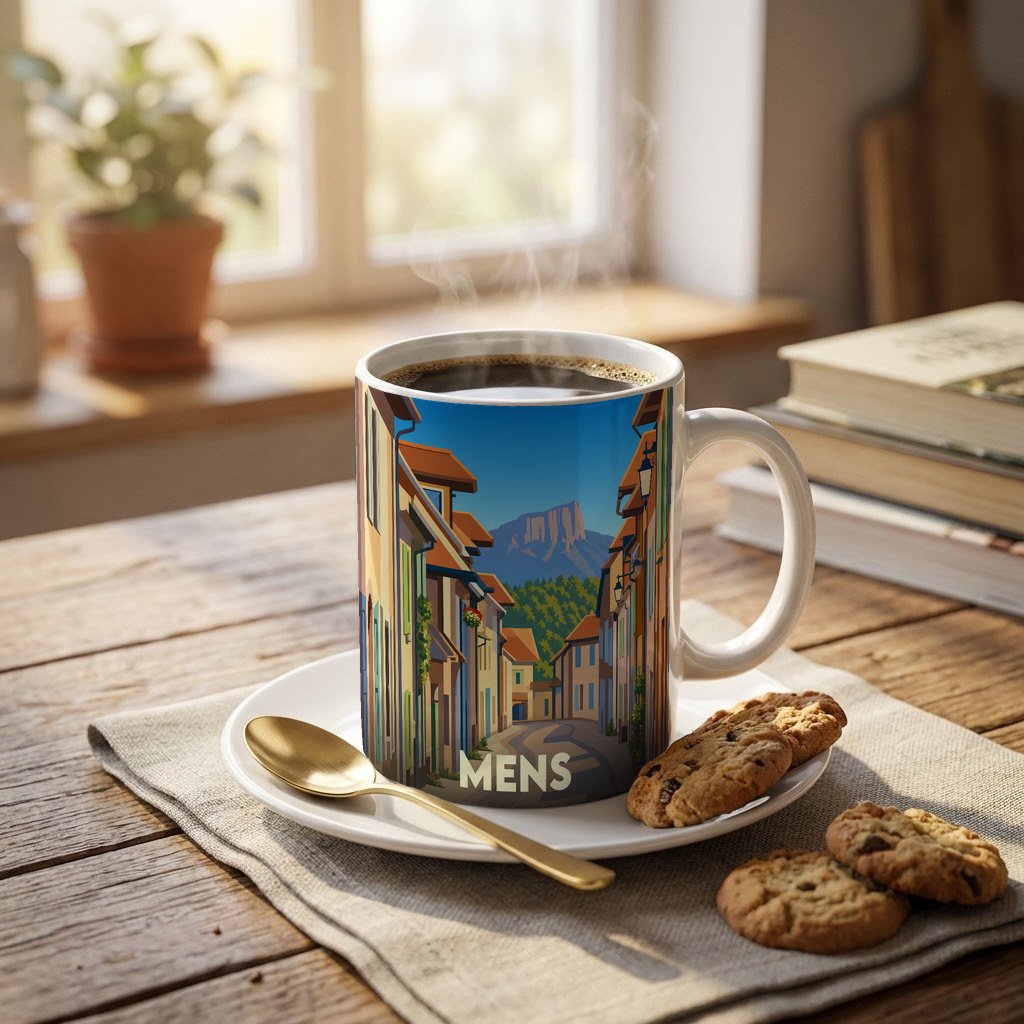 Mug souvenir de la ville de Mens orné d'une illustration stylisée de ses rues et montagnes.