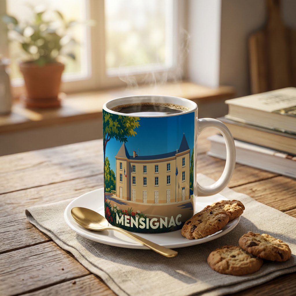 Mug souvenir de la ville de Mensignac avec une illustration stylisée de son château.
