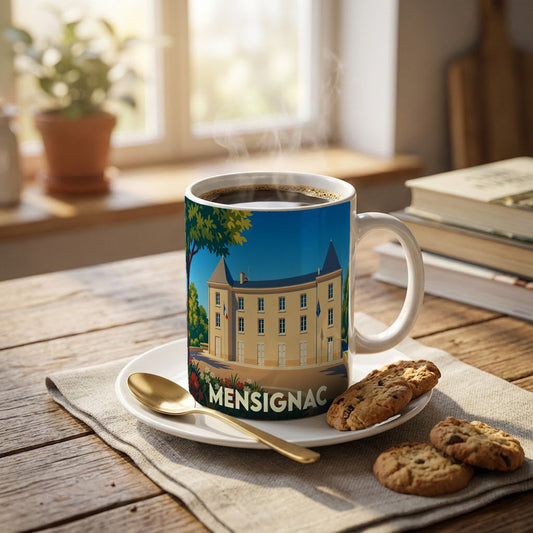 Mug souvenir de la ville de Mensignac avec une illustration stylisée de son château.