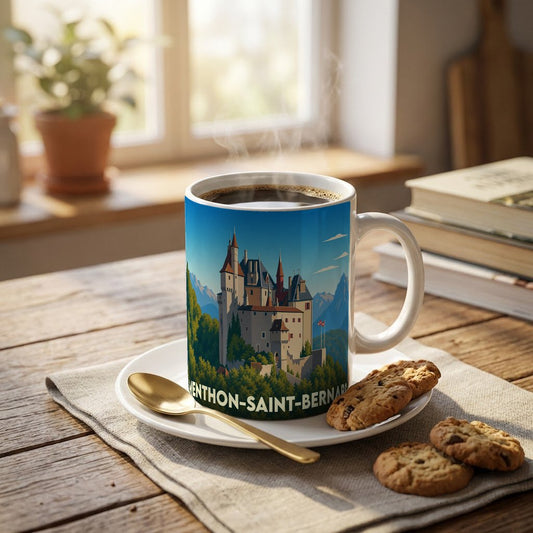Mug souvenir de la ville de Menthon-Saint-Bernard orné d'une illustration stylisée de son château.