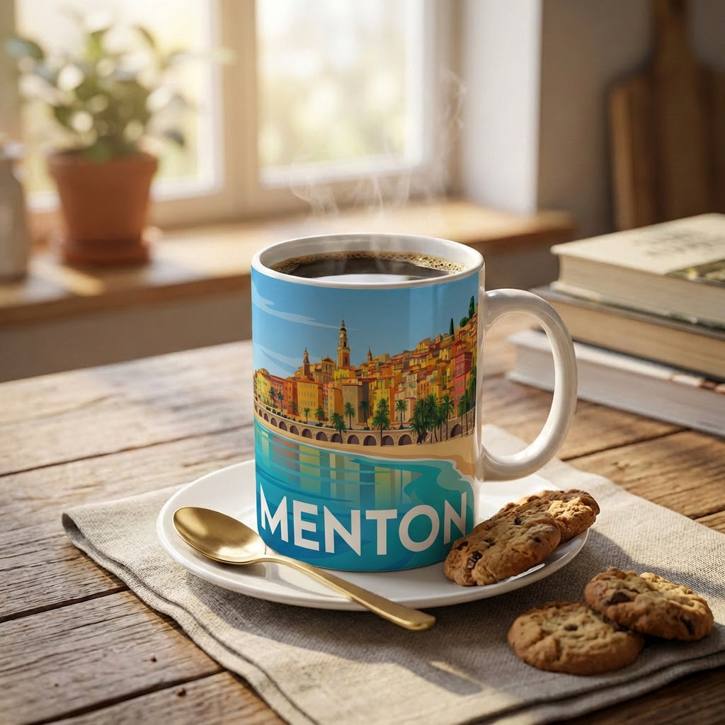 Mug souvenir de la ville de Menton avec une illustration stylisée de son front de mer coloré.