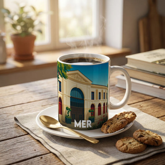 Mug souvenir de la ville de Mer avec une illustration stylisée de son marché couvert.