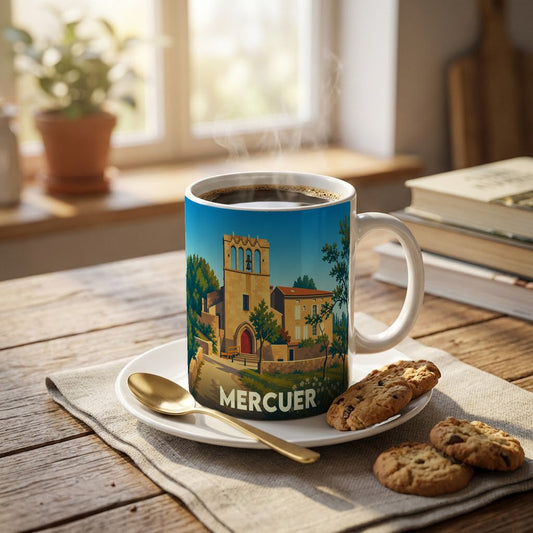 Mug souvenir de la ville de Mercuer orné d'une illustration stylisée de son église et de ses paysages.