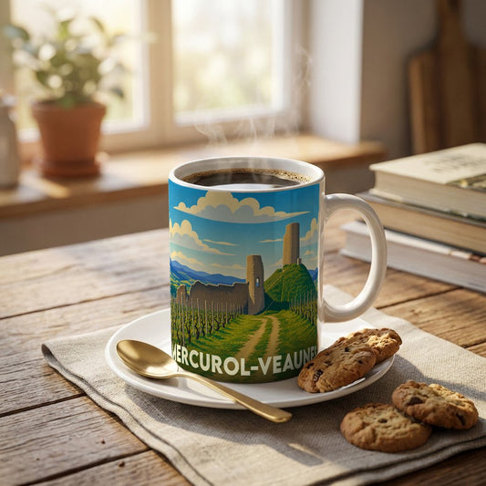 Mug souvenir de la ville de Mercurol-Veaunes orné d'une illustration stylisée de ses paysages et châteaux.