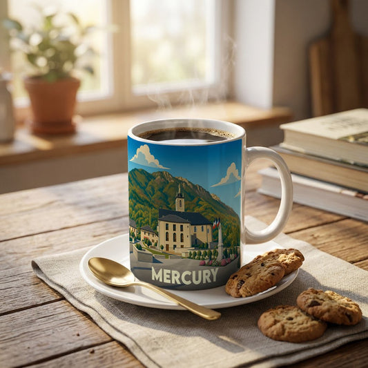 Mug souvenir de la ville de Mercury avec une illustration stylisée d'un paysage montagneux.
