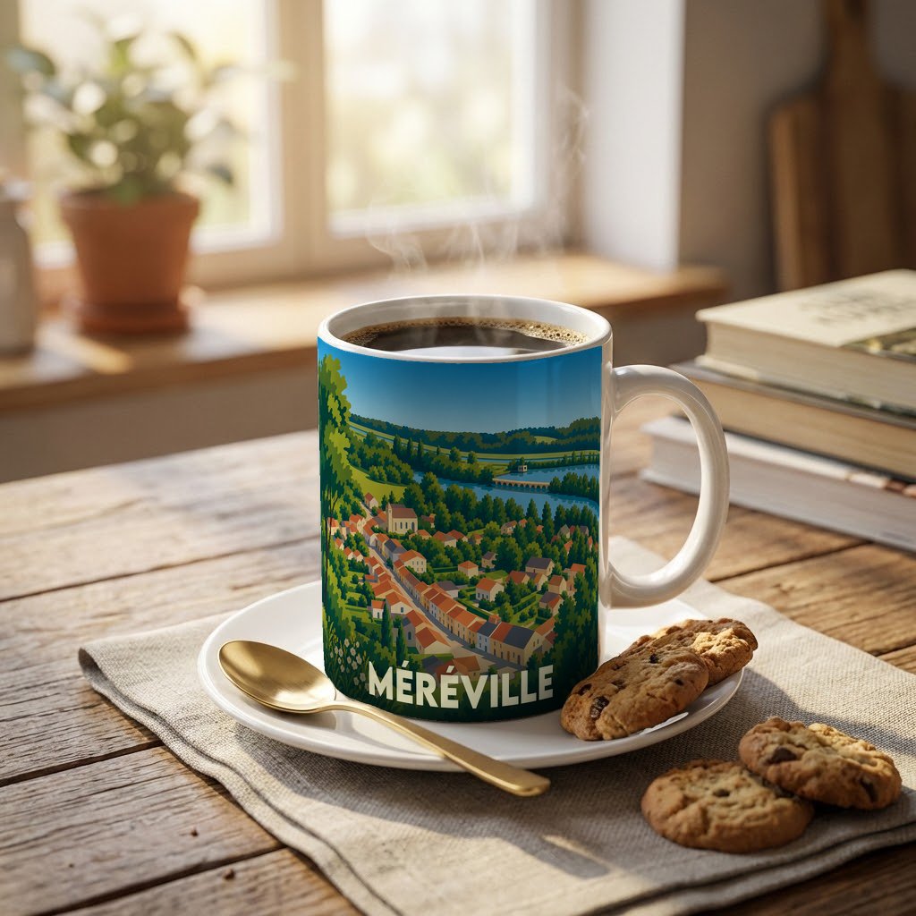 Mug souvenir de la ville de Méréville avec une illustration stylisée de son paysage urbain et verdoyant.