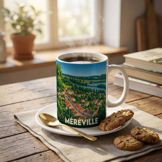 Mug souvenir de la ville de Méréville avec une illustration stylisée de son paysage urbain et verdoyant.