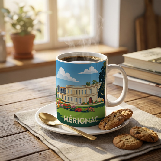 Mug souvenir de la ville de Mérignac avec une illustration stylisée.