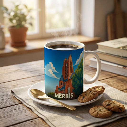 Mug souvenir de la ville de Merris orné d'une illustration stylisée de son église.