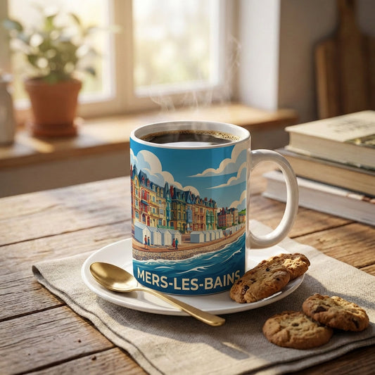 Mug souvenir de la ville de Mers-les-Bains avec une illustration stylisée de son front de mer et de ses villas colorées.