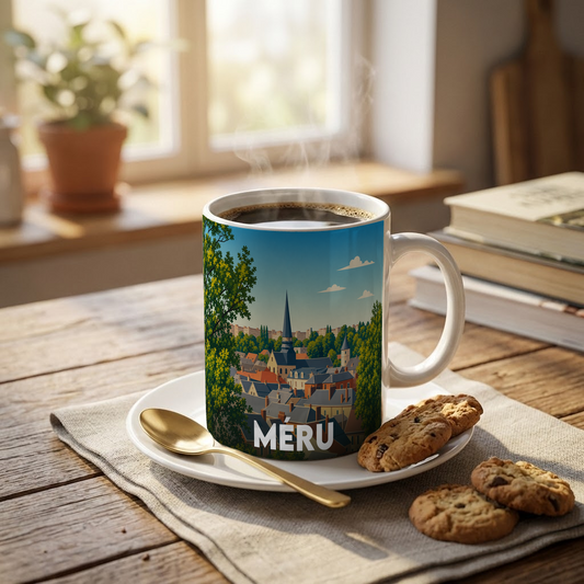 Mug souvenir de la ville de Méru avec une illustration stylisée.