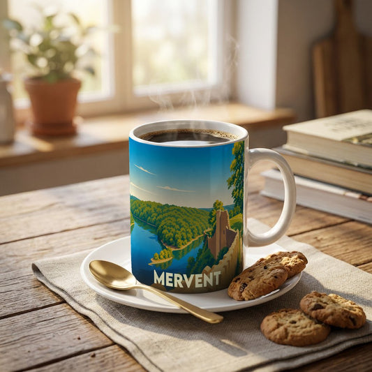 Mug souvenir de la ville de Mervent avec une illustration stylisée d'un paysage de rivière et de château.