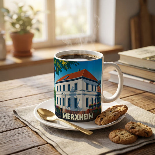Mug souvenir de la ville de Merxheim avec une illustration stylisée d'un bâtiment emblématique.