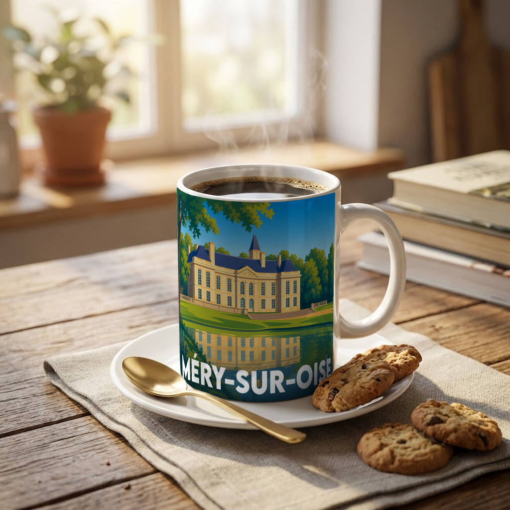Mug souvenir de la ville de Méry-sur-Oise orné d'une illustration stylisée du château local.
