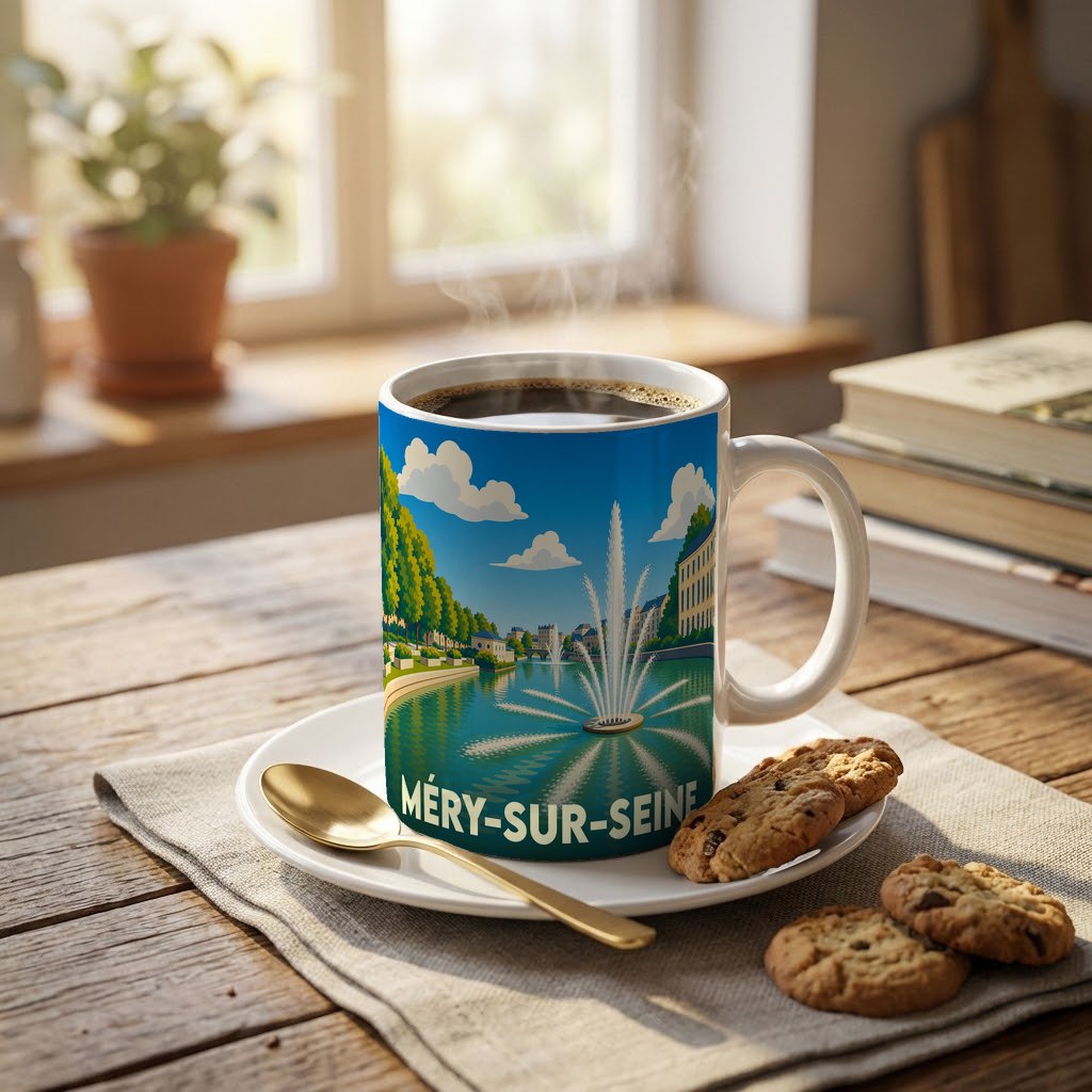 Mug souvenir de la ville de Méry-sur-Seine avec une illustration stylisée d'un parc et d'un jet d'eau.