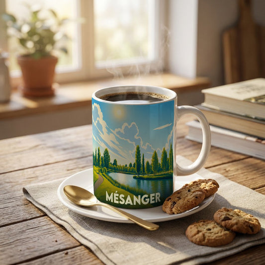 Mug souvenir de la ville de Mésanger illustré d'un paysage de parc avec étang.