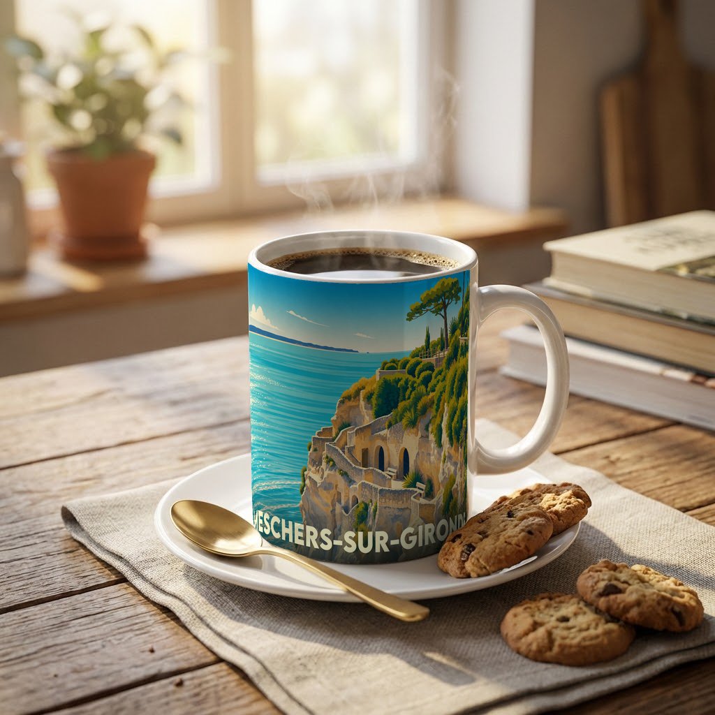 Mug souvenir de la ville de Meschers-sur-Gironde illustré d'un paysage de falaises et de grottes surplombant l'océan.